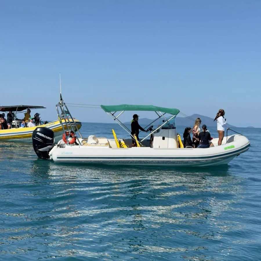 Embarcação Flexboat no mar de Ilhabela durante passeio de avistamento de baleias
